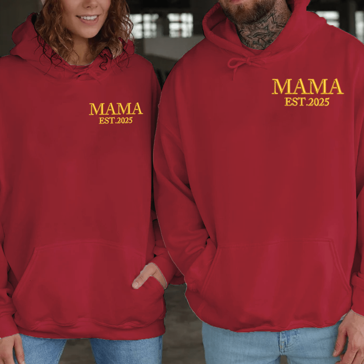 Maturelion Mama Date Embroidered Couple Hoodie