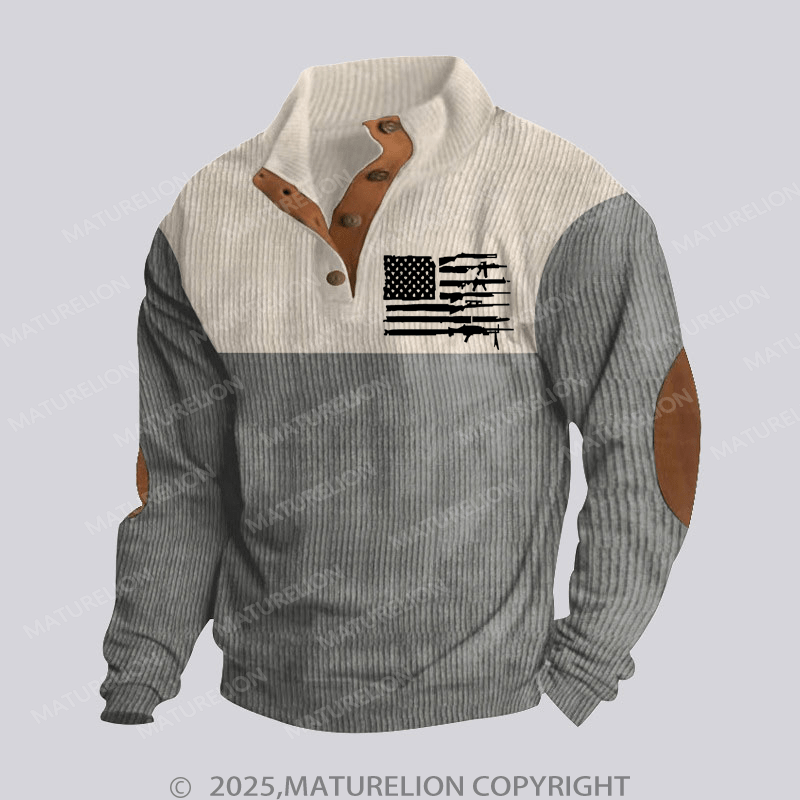 Maturelion Men's Henley Shirt American Gun Flag Funny Stand Collar Button Henley Shirt