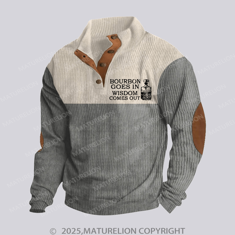 Maturelion Men's Henley Shirt Bourbon Goes In Wisdom Comes Out Funny Stand Collar Button Henley Shirt