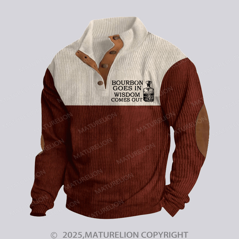 Maturelion Men's Henley Shirt Bourbon Goes In Wisdom Comes Out Funny Stand Collar Button Henley Shirt