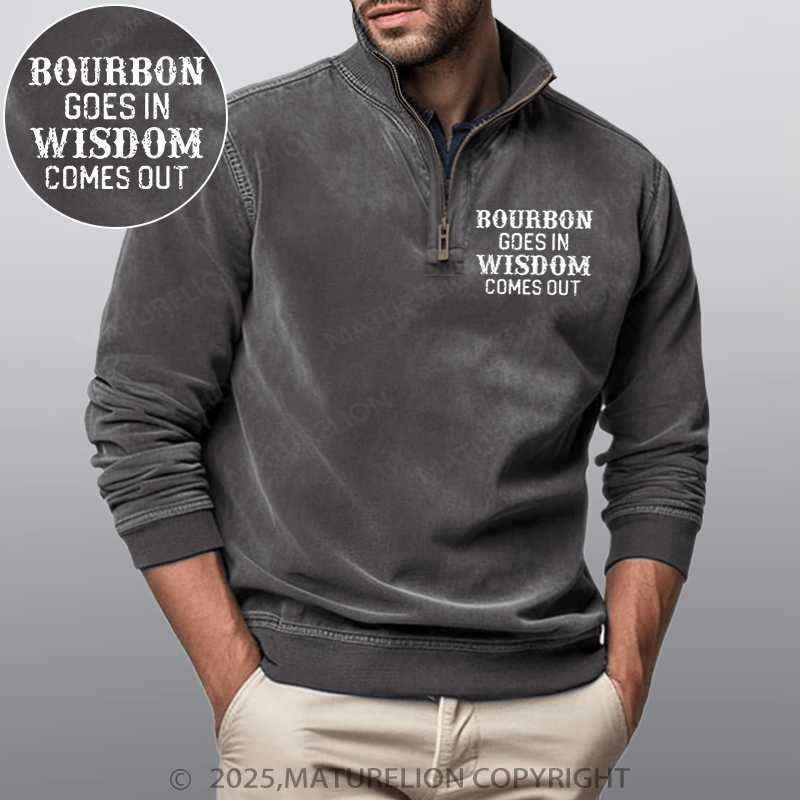 Maturelion Men's Henley Shirt Bourbon Goes In Wisdom Comes Out Funny Stand Collar Henley Shirt