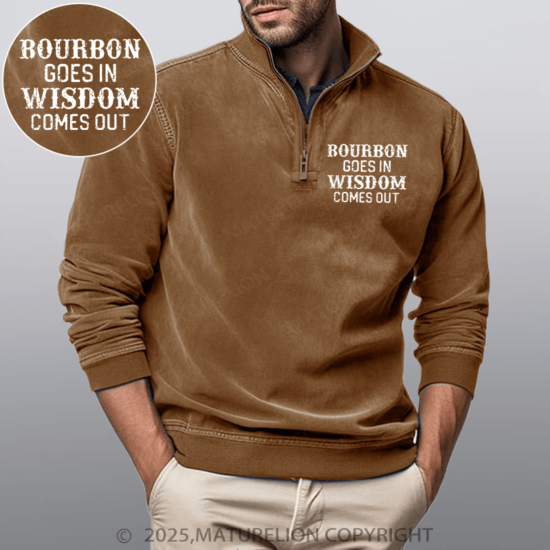 Maturelion Men's Henley Shirt Bourbon Goes In Wisdom Comes Out Funny Stand Collar Henley Shirt