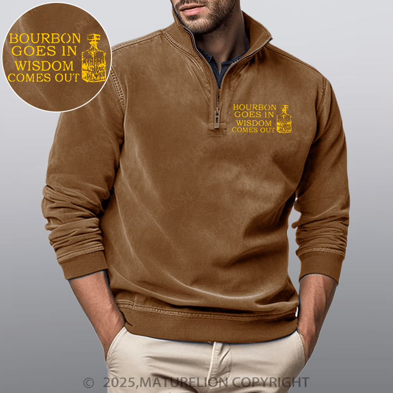 Maturelion Men's Henley Shirt Bourbon Goes In Wisdom Comes Out Funny Stand Collar Henley Shirt