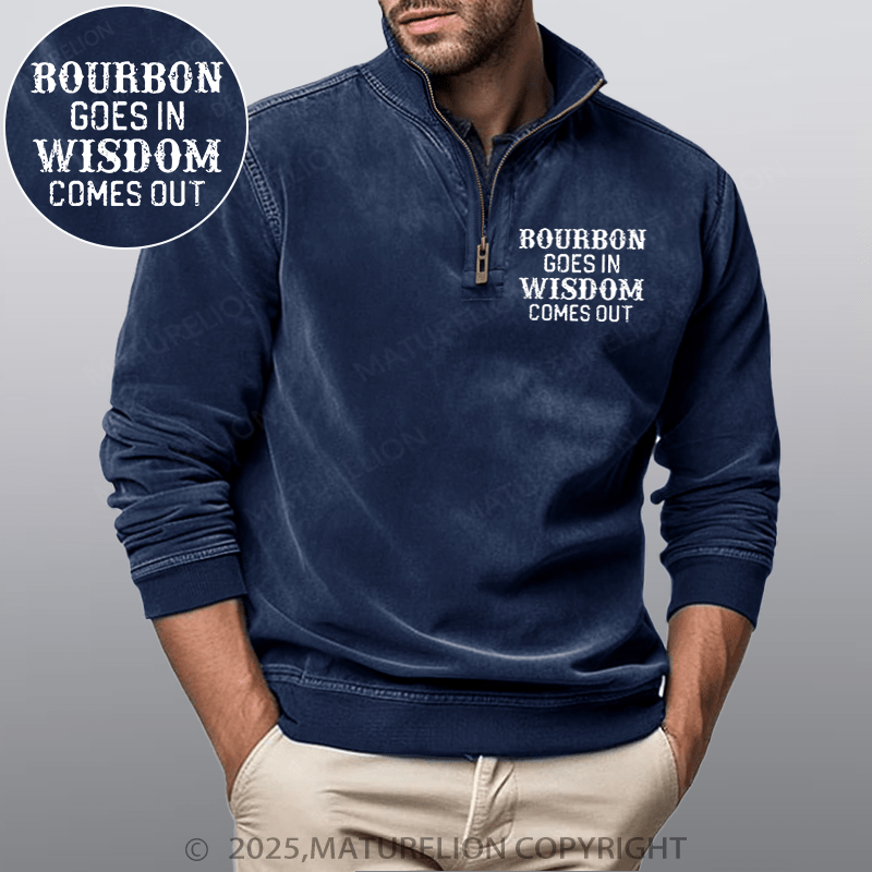 Maturelion Men's Henley Shirt Bourbon Goes In Wisdom Comes Out Funny Stand Collar Henley Shirt