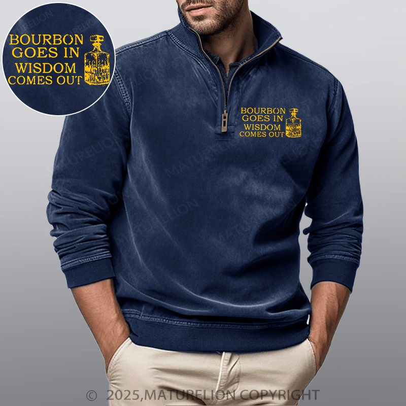 Maturelion Men's Henley Shirt Bourbon Goes In Wisdom Comes Out Funny Stand Collar Henley Shirt