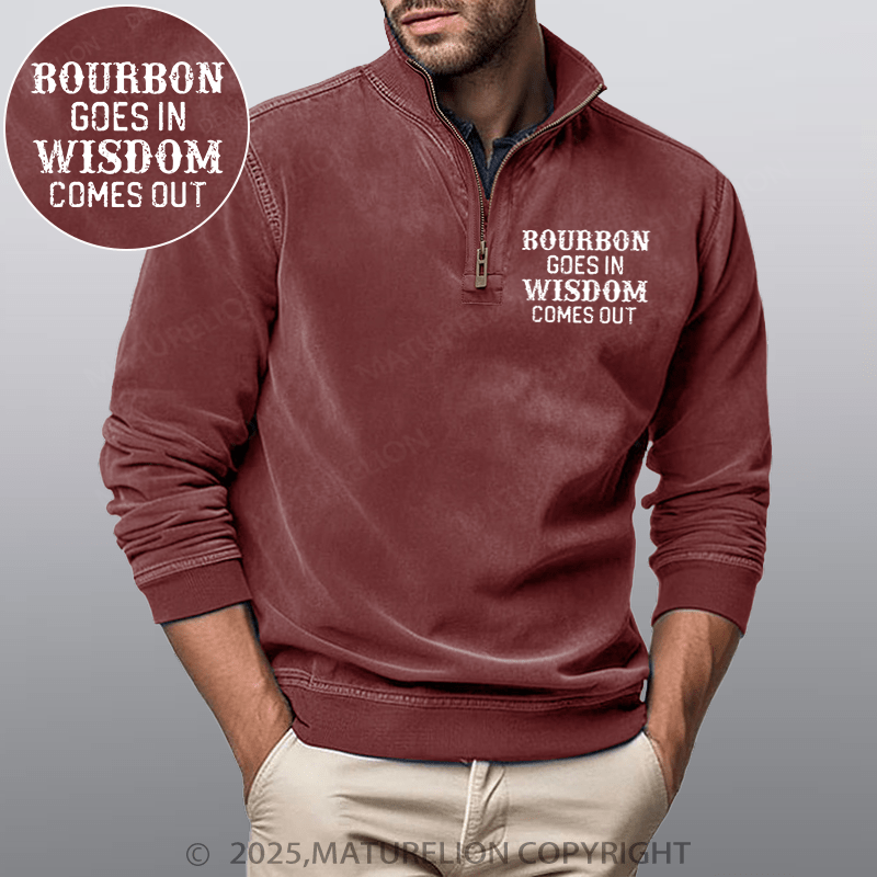 Maturelion Men's Henley Shirt Bourbon Goes In Wisdom Comes Out Funny Stand Collar Henley Shirt