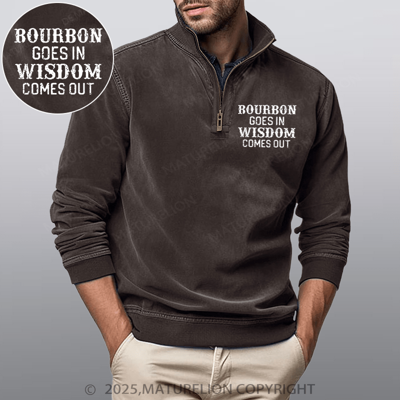 Maturelion Men's Henley Shirt Bourbon Goes In Wisdom Comes Out Funny Stand Collar Henley Shirt