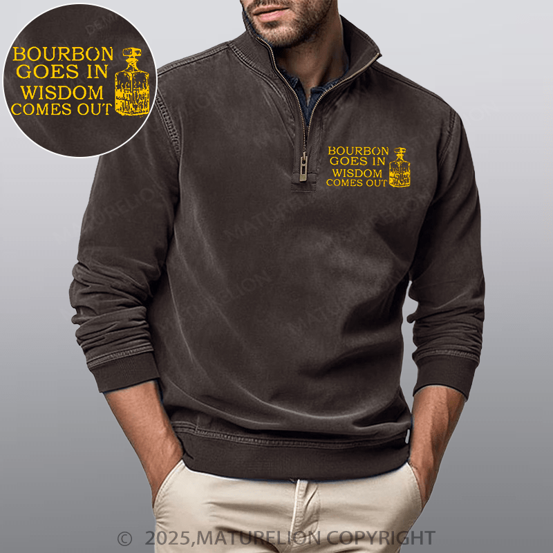 Maturelion Men's Henley Shirt Bourbon Goes In Wisdom Comes Out Funny Stand Collar Henley Shirt