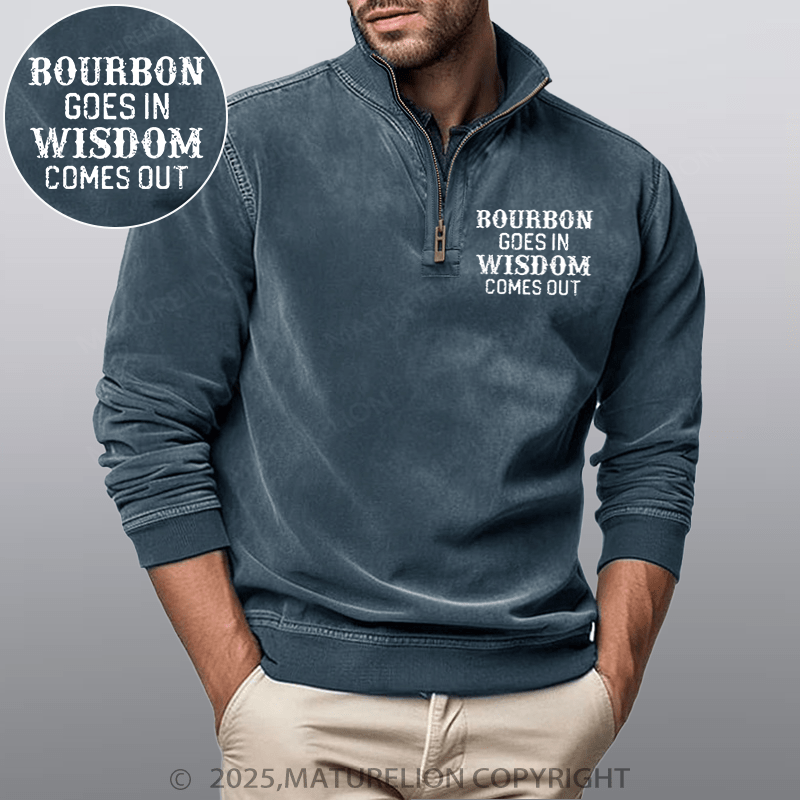 Maturelion Men's Henley Shirt Bourbon Goes In Wisdom Comes Out Funny Stand Collar Henley Shirt