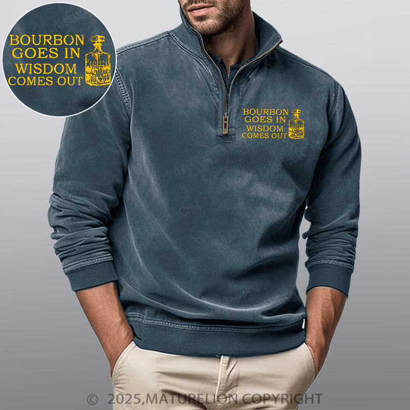 Maturelion Men's Henley Shirt Bourbon Goes In Wisdom Comes Out Funny Stand Collar Henley Shirt