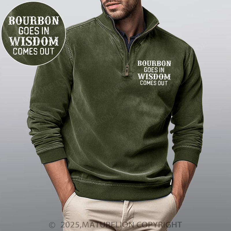 Maturelion Men's Henley Shirt Bourbon Goes In Wisdom Comes Out Funny Stand Collar Henley Shirt