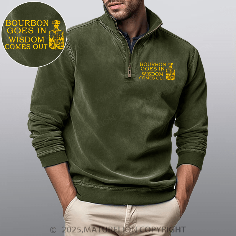 Maturelion Men's Henley Shirt Bourbon Goes In Wisdom Comes Out Funny Stand Collar Henley Shirt