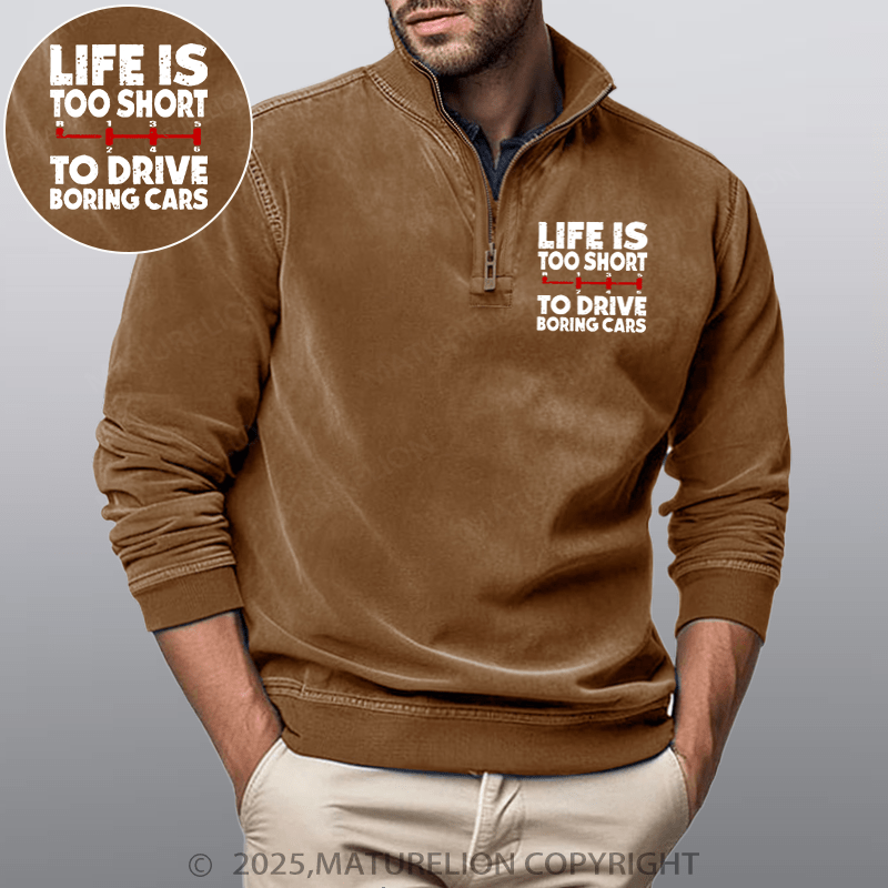 Maturelion Men's Henley Shirt Life's Too Short To Drive Boring Cars Funny Car Guys Gift Funny Stand Collar Henley Shirt