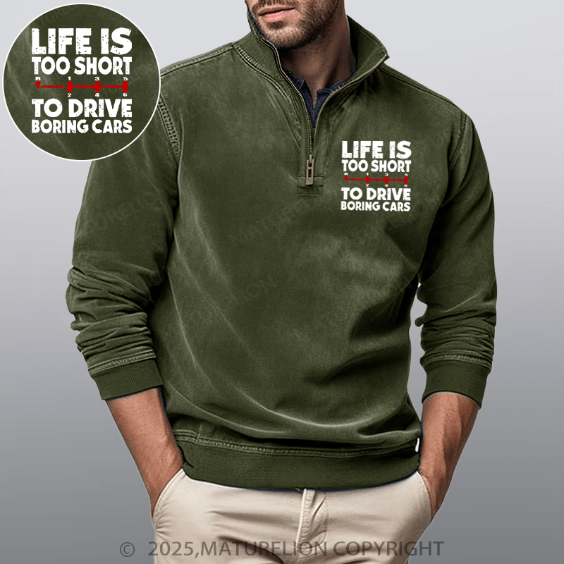 Maturelion Men's Henley Shirt Life's Too Short To Drive Boring Cars Funny Car Guys Gift Funny Stand Collar Henley Shirt