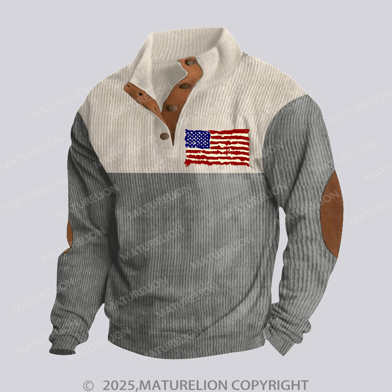 Maturelion Men's Henley Shirt USA Flag Funny Stand Collar Button Henley Shirt