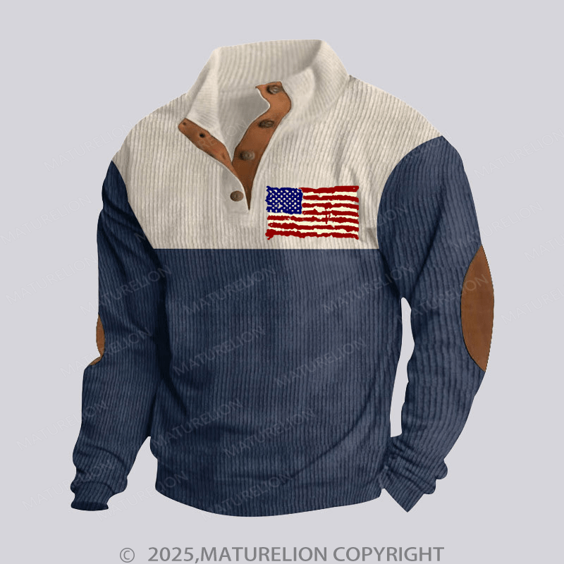 Maturelion Men's Henley Shirt USA Flag Funny Stand Collar Button Henley Shirt