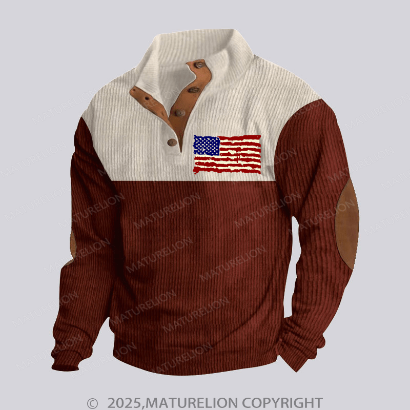 Maturelion Men's Henley Shirt USA Flag Funny Stand Collar Button Henley Shirt