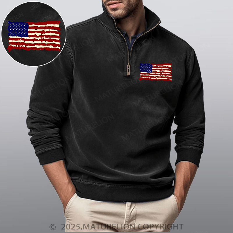 Maturelion Men's Henley Shirt USA Flag Funny Stand Collar Henley Shirt