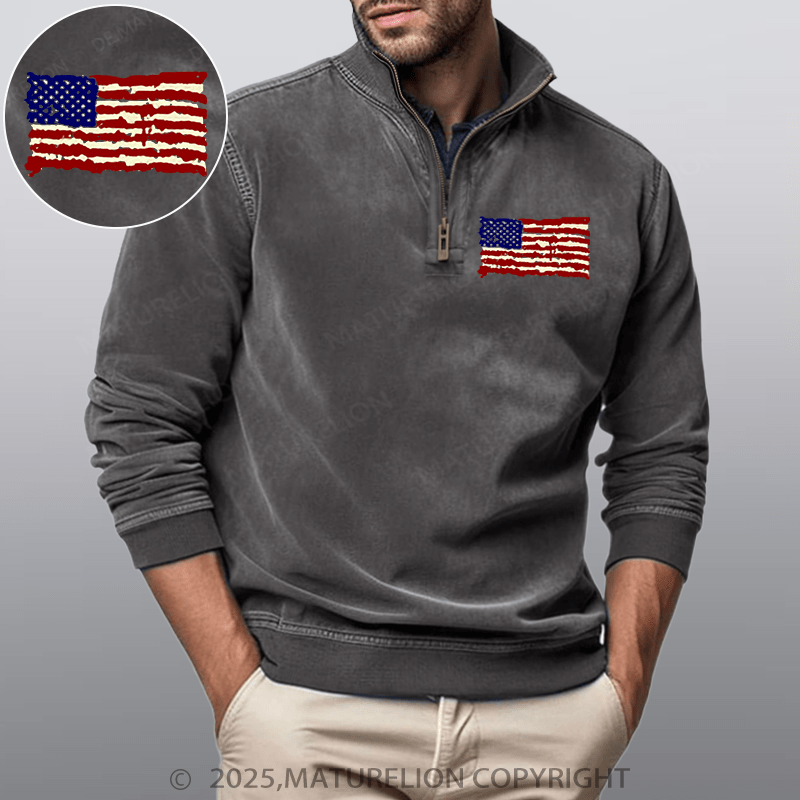 Maturelion Men's Henley Shirt USA Flag Funny Stand Collar Henley Shirt