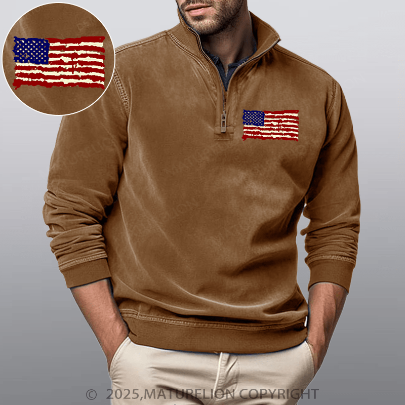 Maturelion Men's Henley Shirt USA Flag Funny Stand Collar Henley Shirt