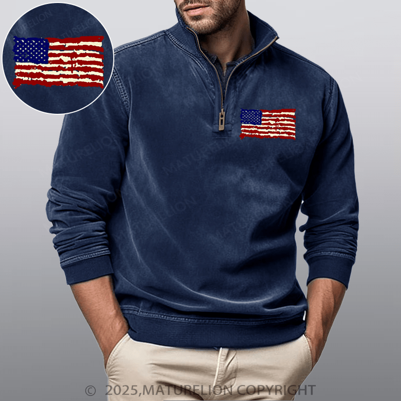 Maturelion Men's Henley Shirt USA Flag Funny Stand Collar Henley Shirt