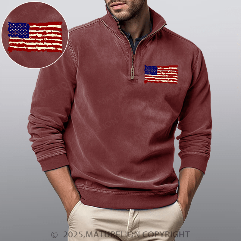 Maturelion Men's Henley Shirt USA Flag Funny Stand Collar Henley Shirt