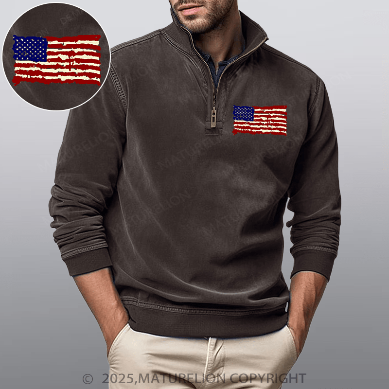 Maturelion Men's Henley Shirt USA Flag Funny Stand Collar Henley Shirt