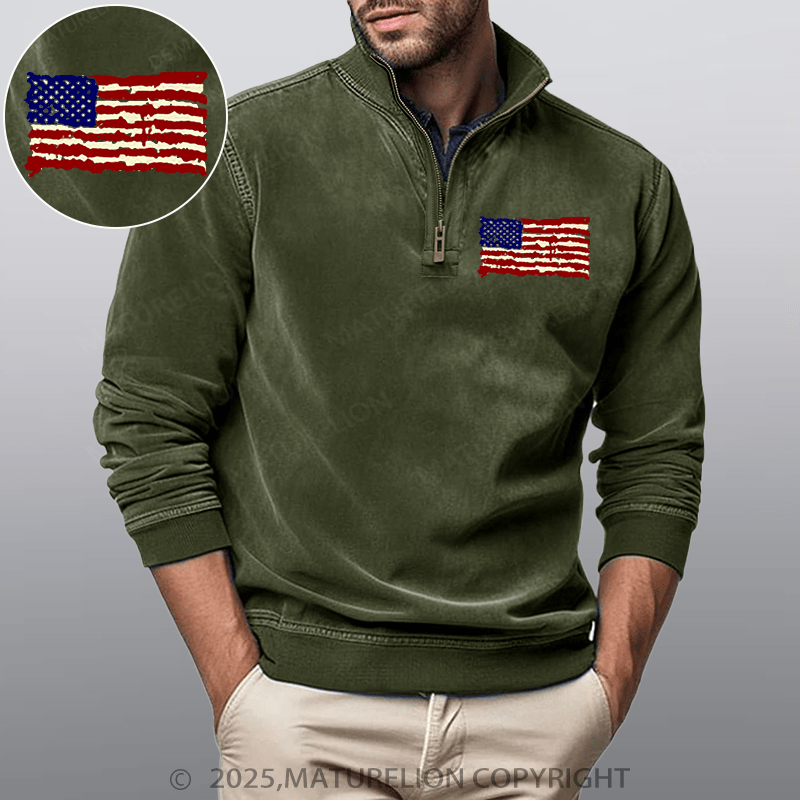 Maturelion Men's Henley Shirt USA Flag Funny Stand Collar Henley Shirt