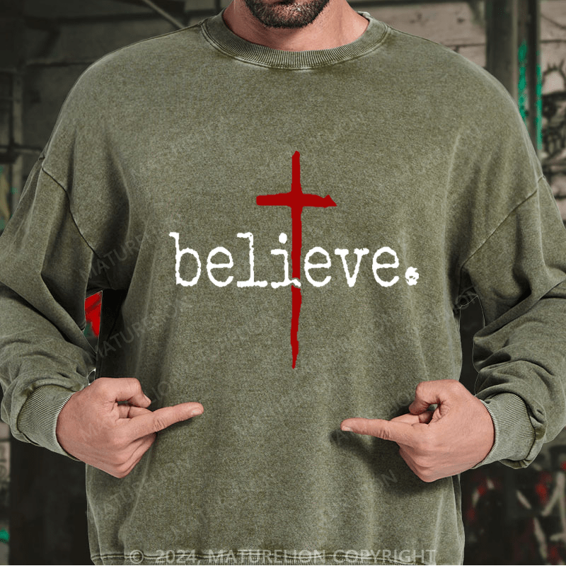 Maturelion Men's Sweatshirt Believe Cross Print Christian Custom Sweatshirt