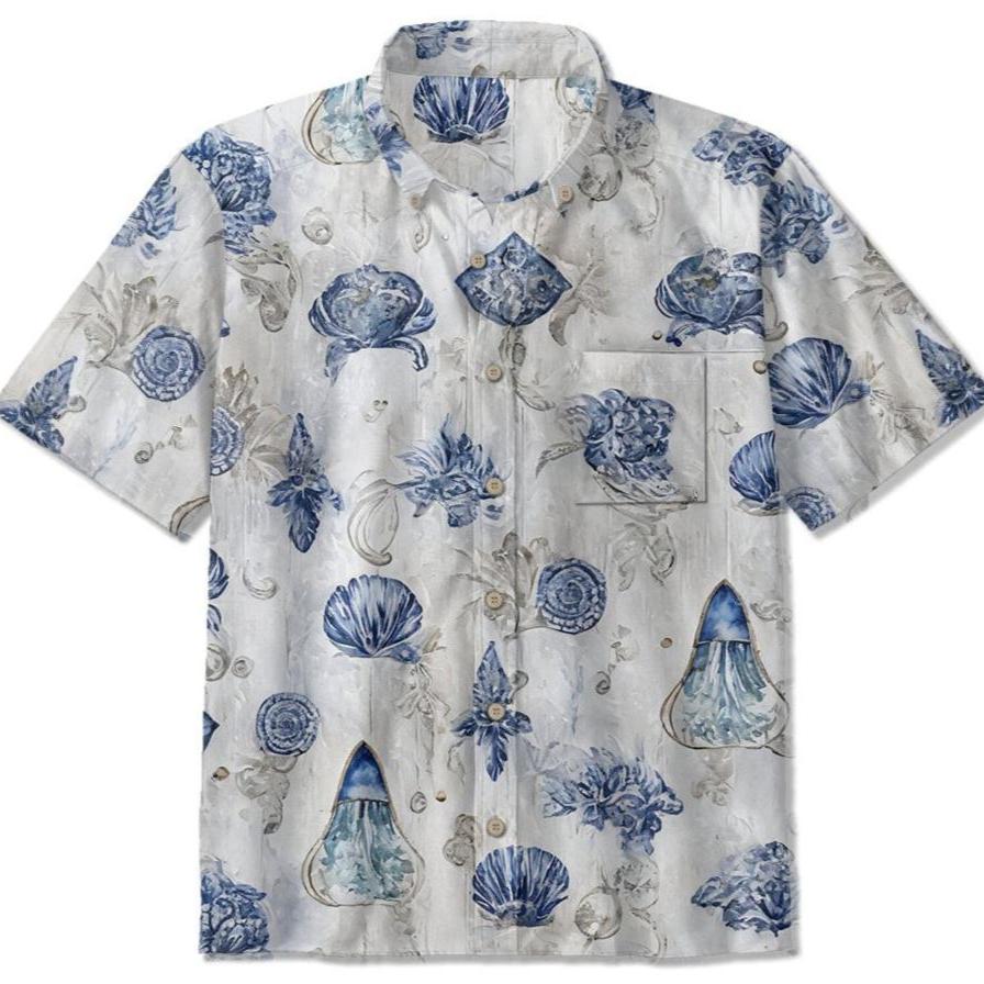 Maturelion Ocean Coast Button-down Resort Wear Aloha Cotton Hawaiian Shirt