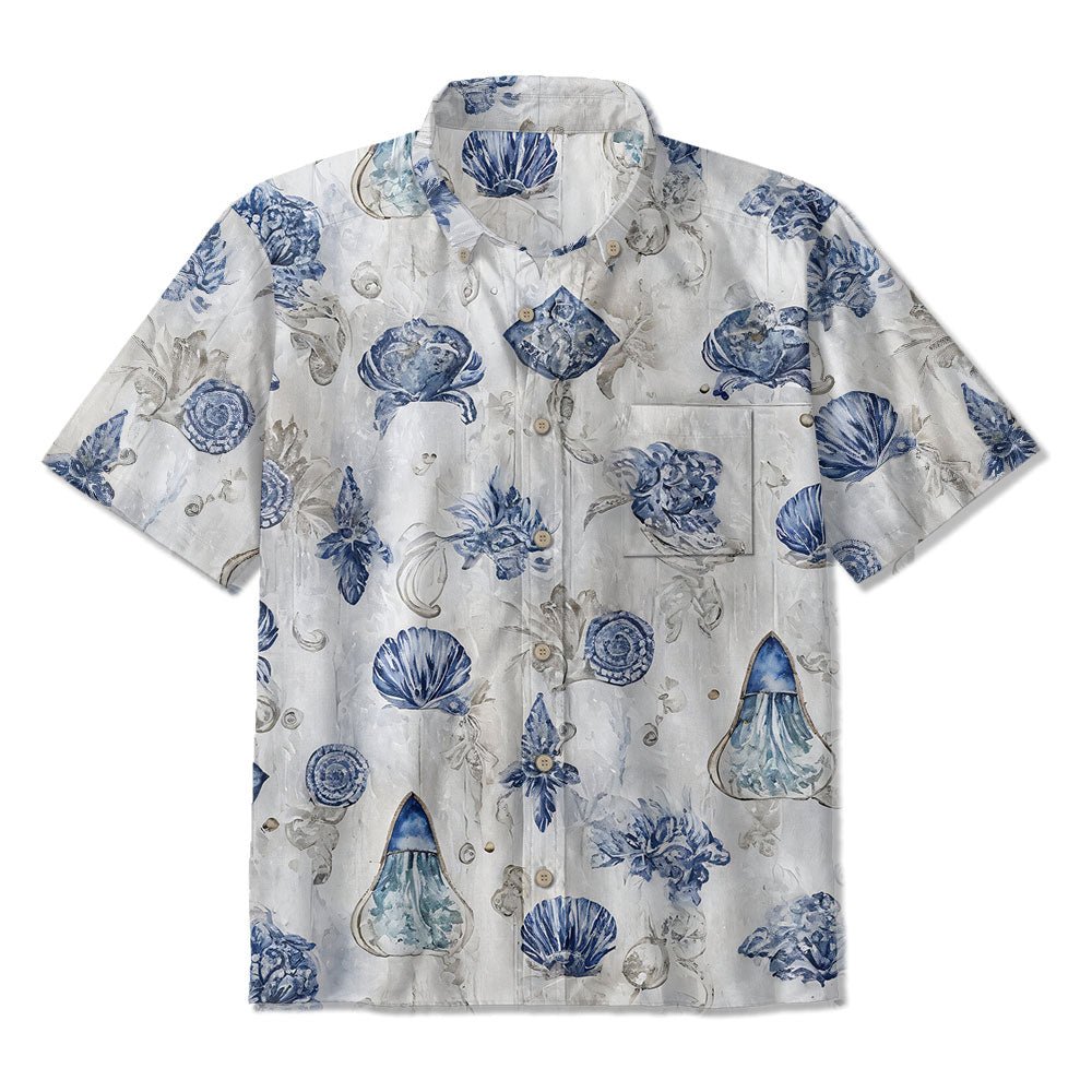 Maturelion Ocean Coast Button-down Resort Wear Aloha Cotton Hawaiian T-Shirt