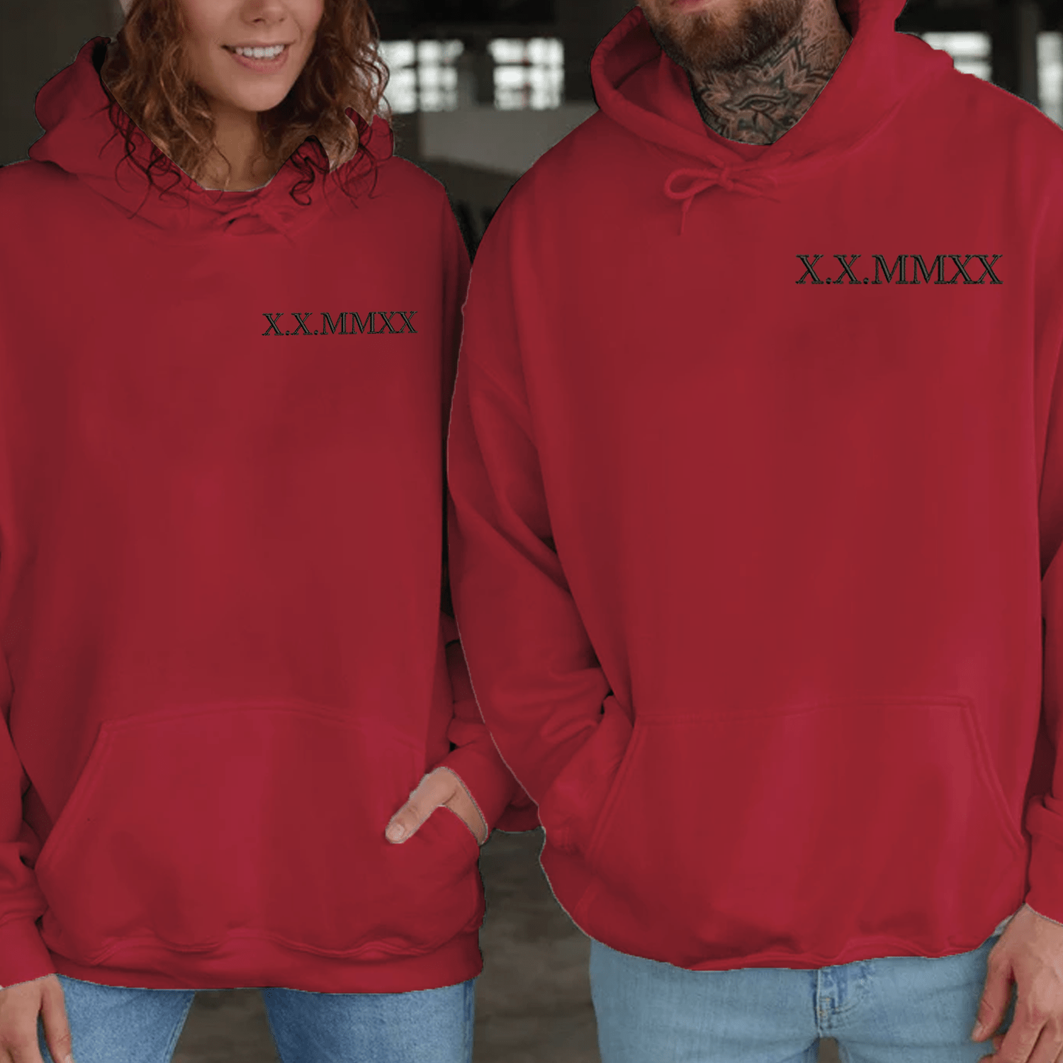 Maturelion Roman Numeral Embroidered Couple Hoodie