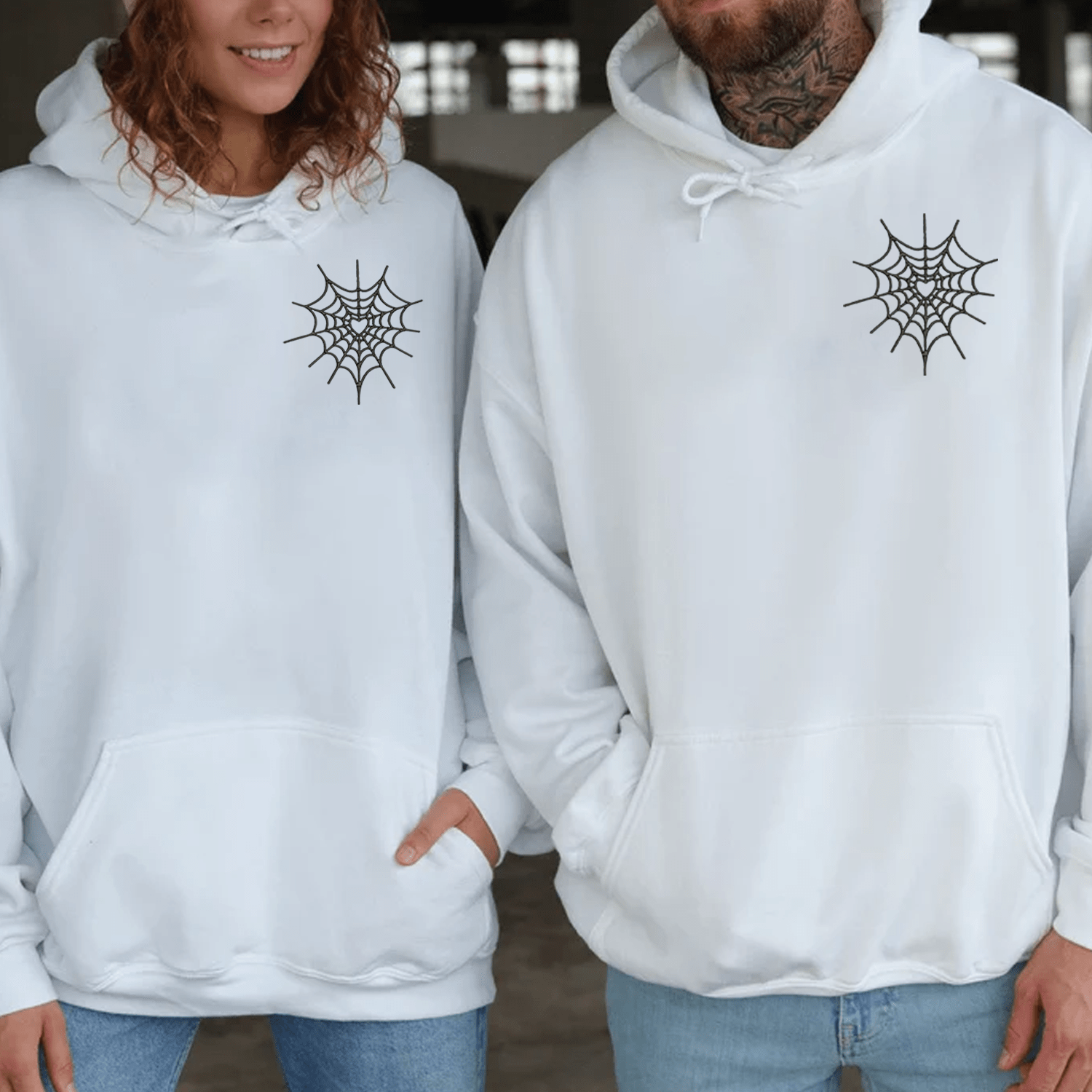 Maturelion Spiderweb Heart Embroidery Couple Hoodie