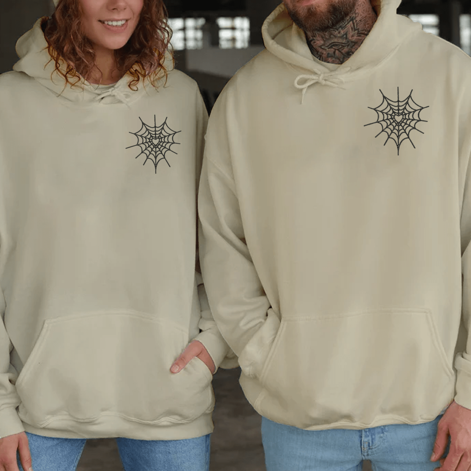 Maturelion Spiderweb Heart Embroidery Couple Hoodie