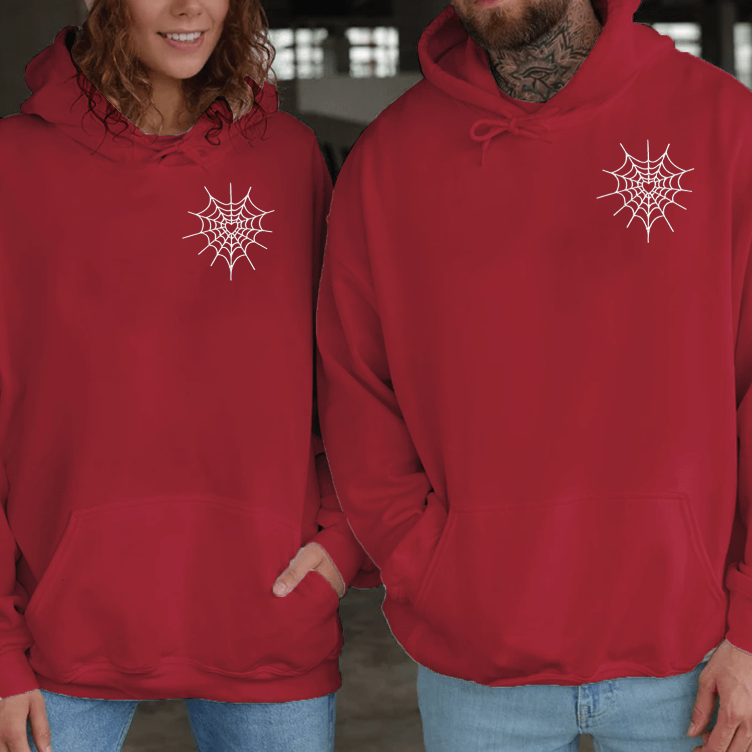 Maturelion Spiderweb Heart Embroidery Couple Hoodie