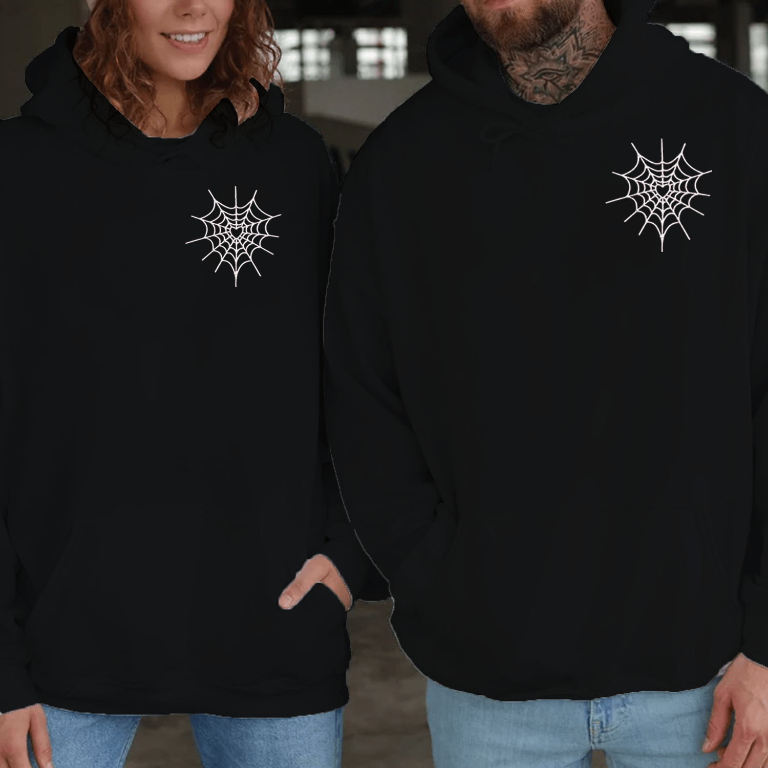 Maturelion Spiderweb Heart Embroidery Couple Hoodie