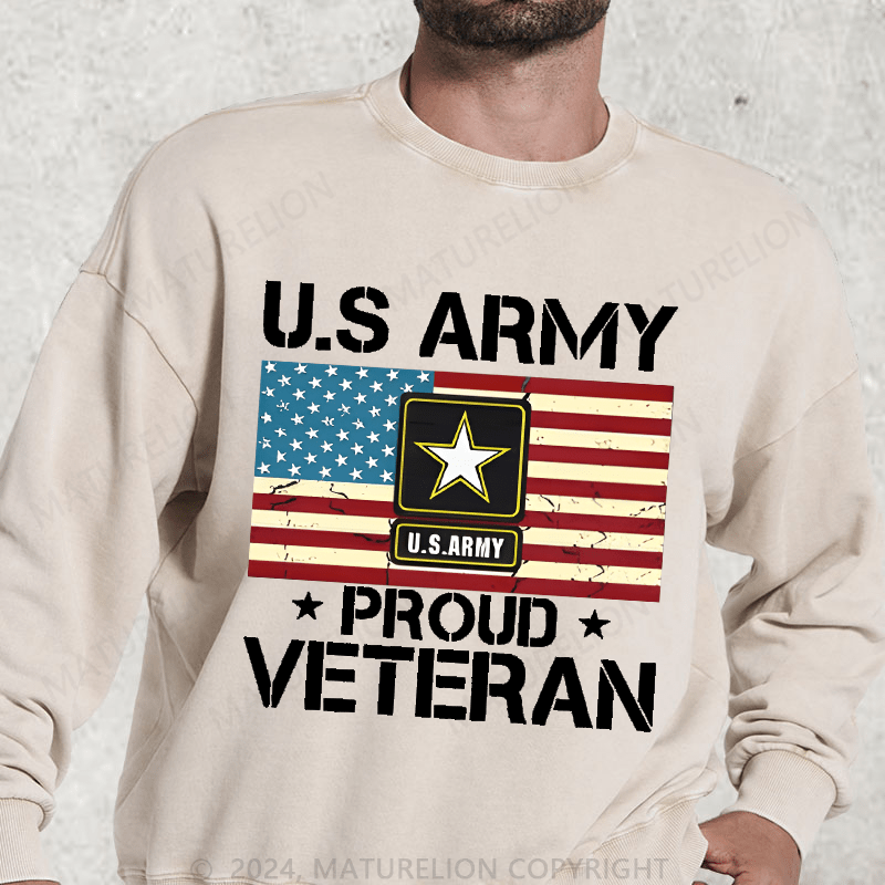 Maturelion US Army Proud Veteran With American Flag Washed Sweatshirt