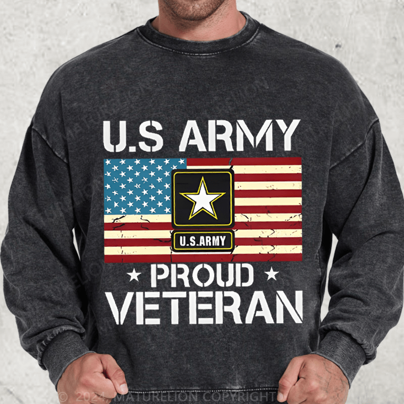 Maturelion US Army Proud Veteran With American Flag Washed Sweatshirt