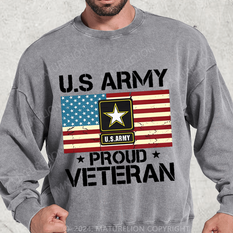 Maturelion US Army Proud Veteran With American Flag Washed Sweatshirt