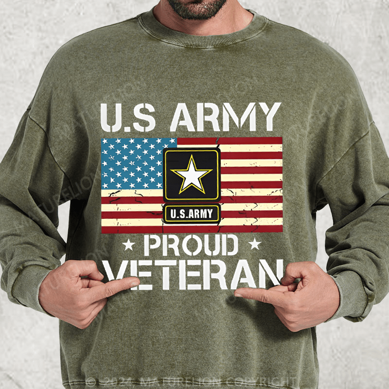 Maturelion US Army Proud Veteran With American Flag Washed Sweatshirt