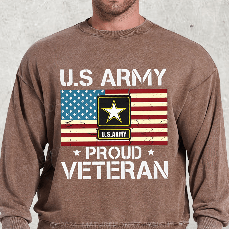 Maturelion US Army Proud Veteran With American Flag Washed Sweatshirt