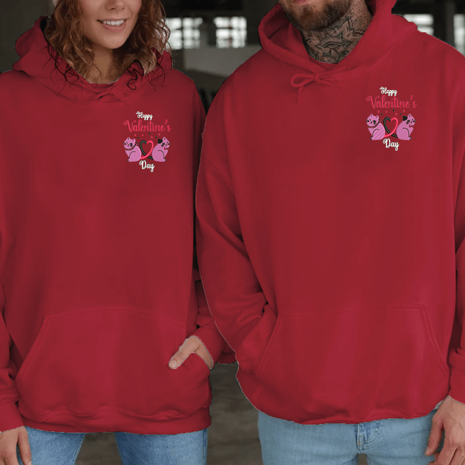 Maturelion Valentine Cat Embroidery Couple Hoodie