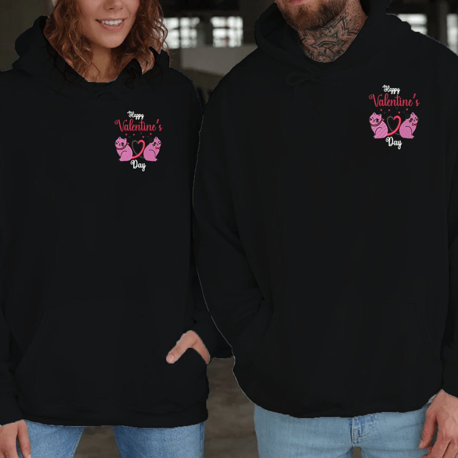 Maturelion Valentine Cat Embroidery Couple Hoodie