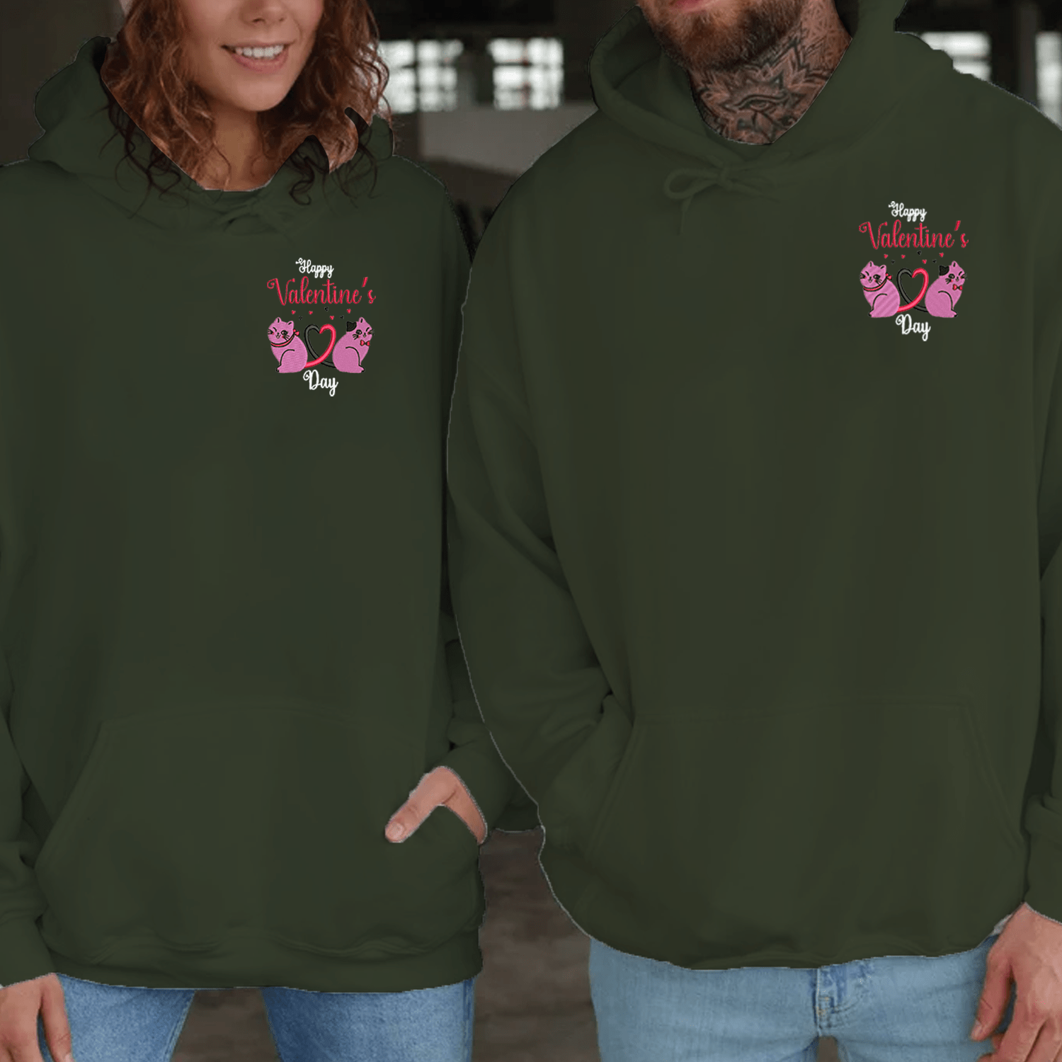 Maturelion Valentine Cat Embroidery Couple Hoodie