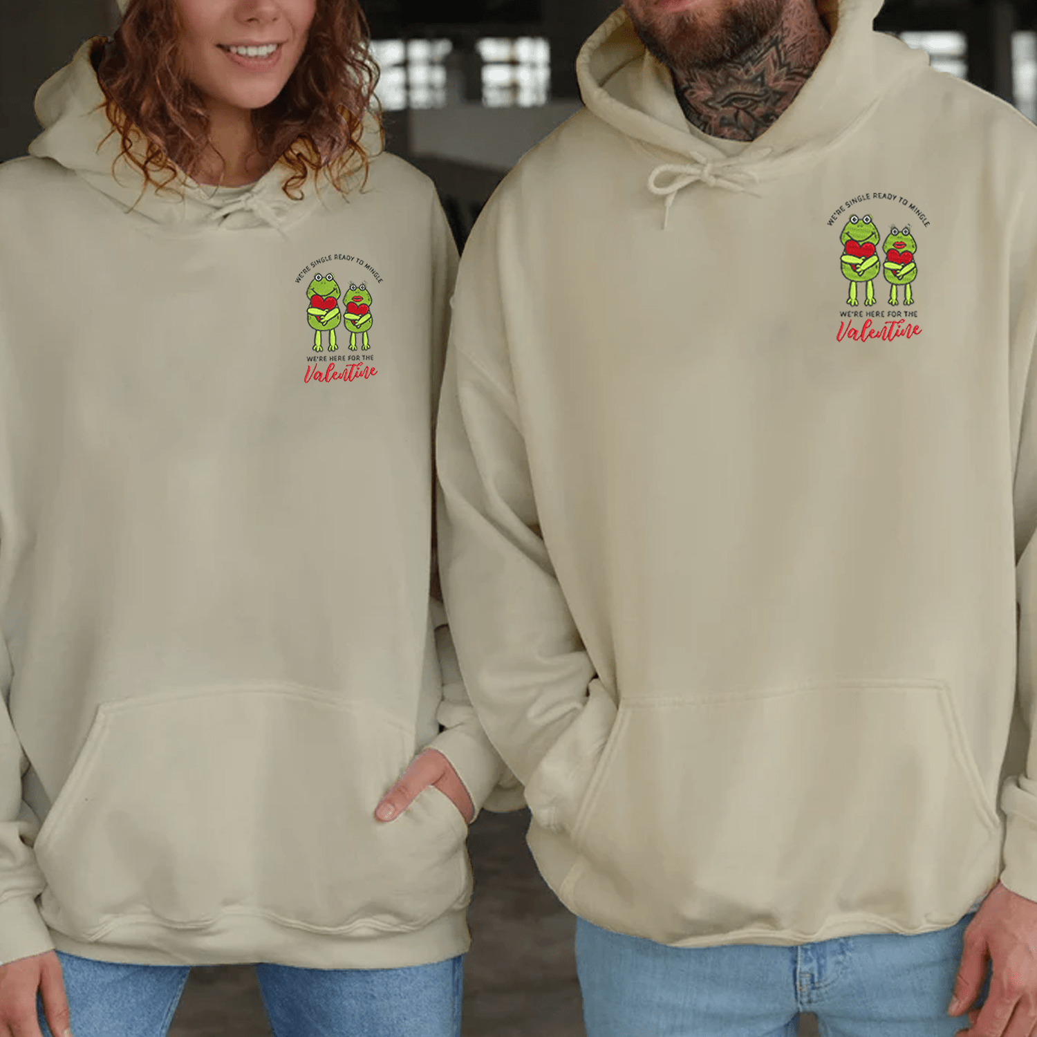 Maturelion We're Single Ready To Mingle Valentine Embroidery Couple Hoodie