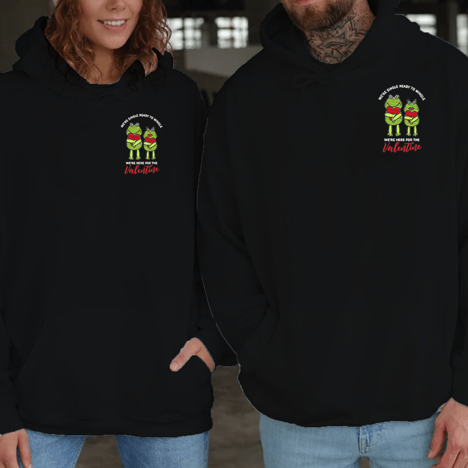 Maturelion We're Single Ready To Mingle Valentine Embroidery Couple Hoodie