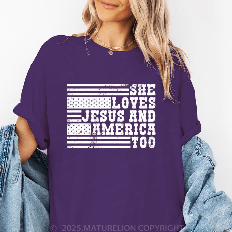 Maturelion Women's T-Shirt She Loves Jesus And America Too Funny T-Shirt