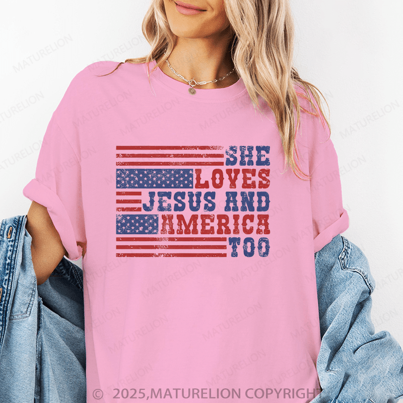 Maturelion Women's T-Shirt She Loves Jesus And America Too Funny T-Shirt