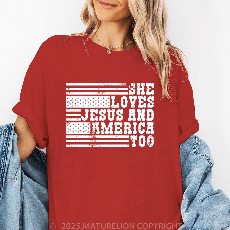 Maturelion Women's T-Shirt She Loves Jesus And America Too Funny T-Shirt