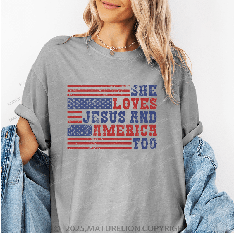 Maturelion Women's T-Shirt She Loves Jesus And America Too Funny T-Shirt